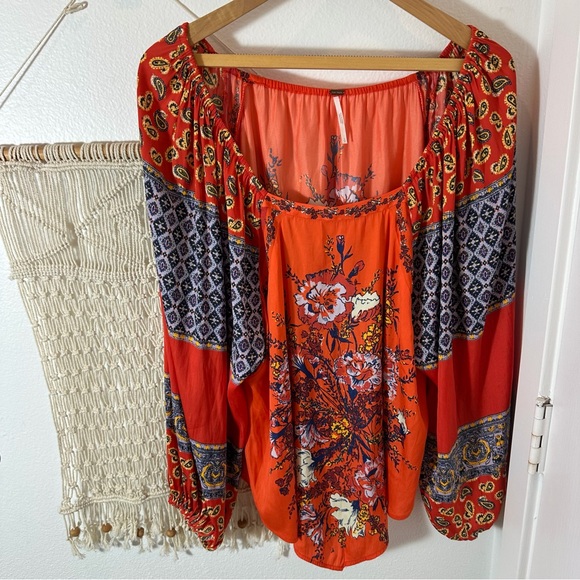 70s Free People Bright Orange Red Tapestry Bohemian Floral Peasant Blouse Small - Picture 11 of 11